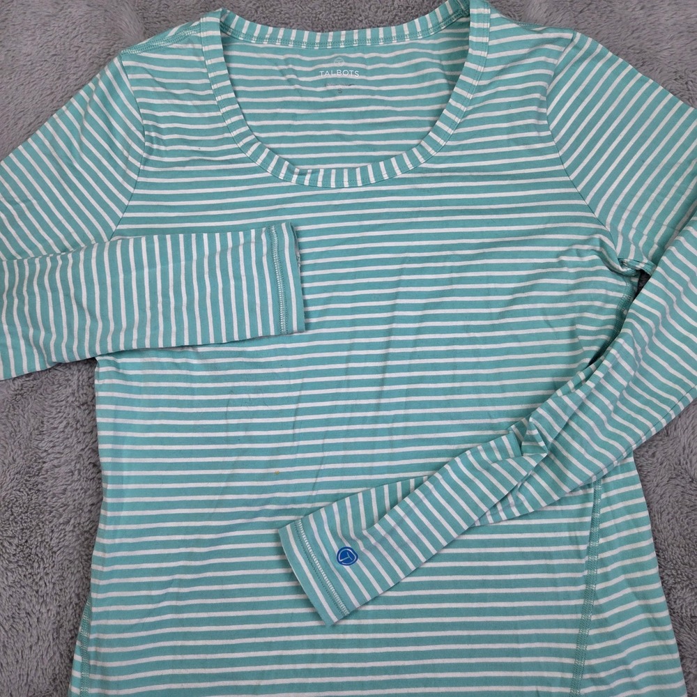 Talbots Striped Active Top Womens S Thumbhole Long Sleeve Mint Green White Tee